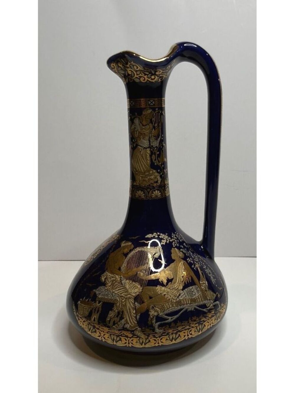 Vintage Xipolias Greece Cobalt Blue Ewer 24K Gold Greek Mythology 6”